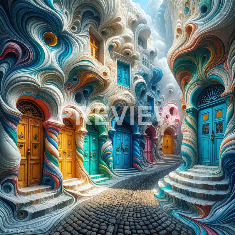 The image depicts a surreal, artistic street scene featuring a row of colorful doors set into an abstract, swirling facade that resembles a fluid, painterly composition. The doors are painted in vibrant shades of orange, green, blue, and pink, with intricate detailing and decorative elements, all set against a textured cobblestone pathway. The swirling architecture creates a dreamlike atmosphere, with the sky above filled with soft, billowing clouds, enhancing the whimsical and fantastical mood of the scene.